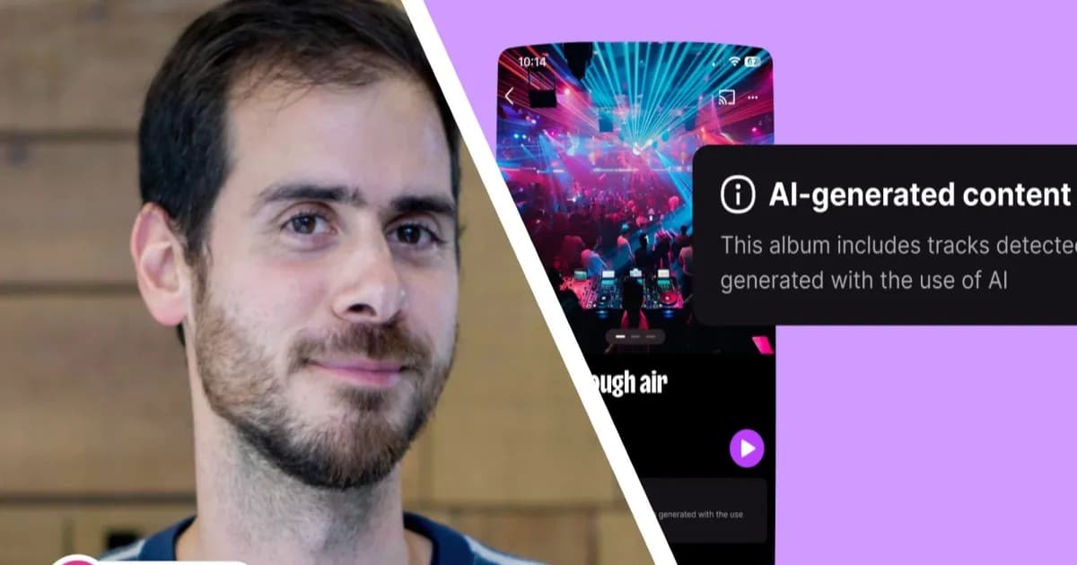 Tampilan aplikasi Deezer di smartphone yang menunjukkan konten musik berlabel AI