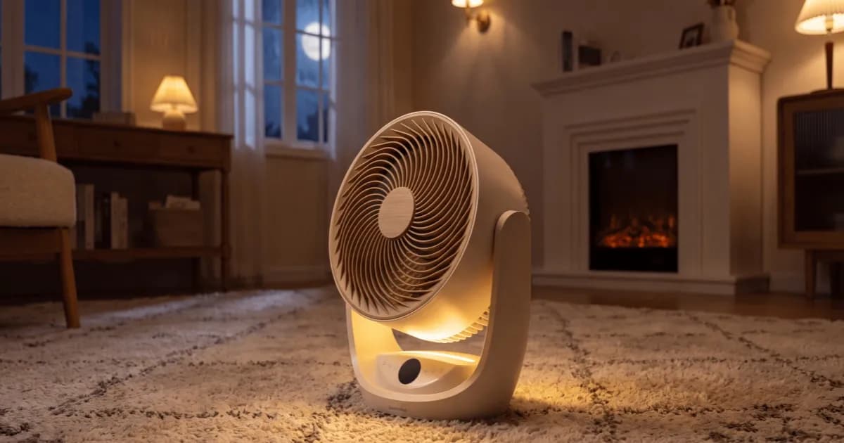 SwitchBot Battery Circulator Fan 2 Pro tampak depan dengan desain ringkas dan lampu tidur menyala