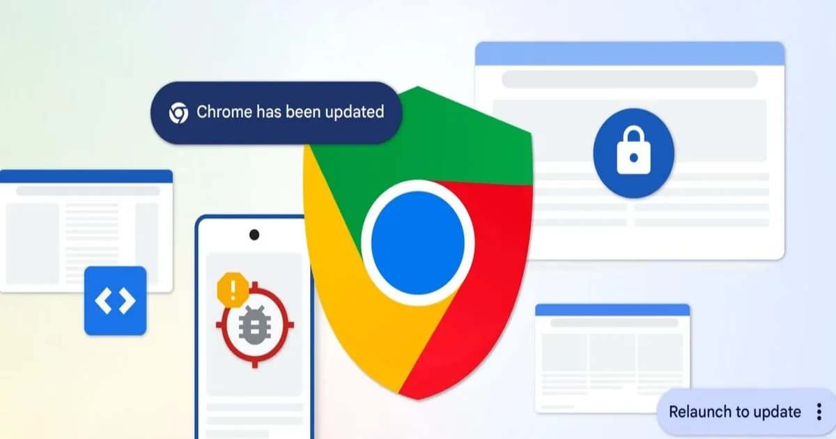 Ilustrasi logo Google Chrome dengan latar biru dan elemen keamanan