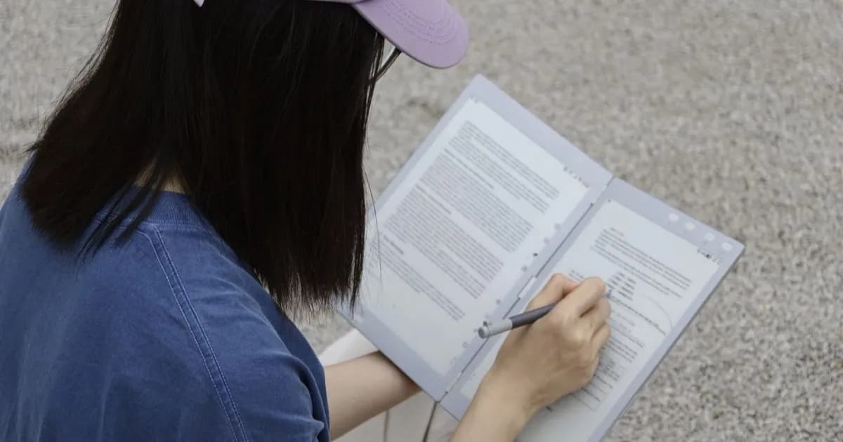 InkLeaf e-reader dual-screen dengan dua layar E Ink Carta 10,3 inci yang membuka seperti notebook