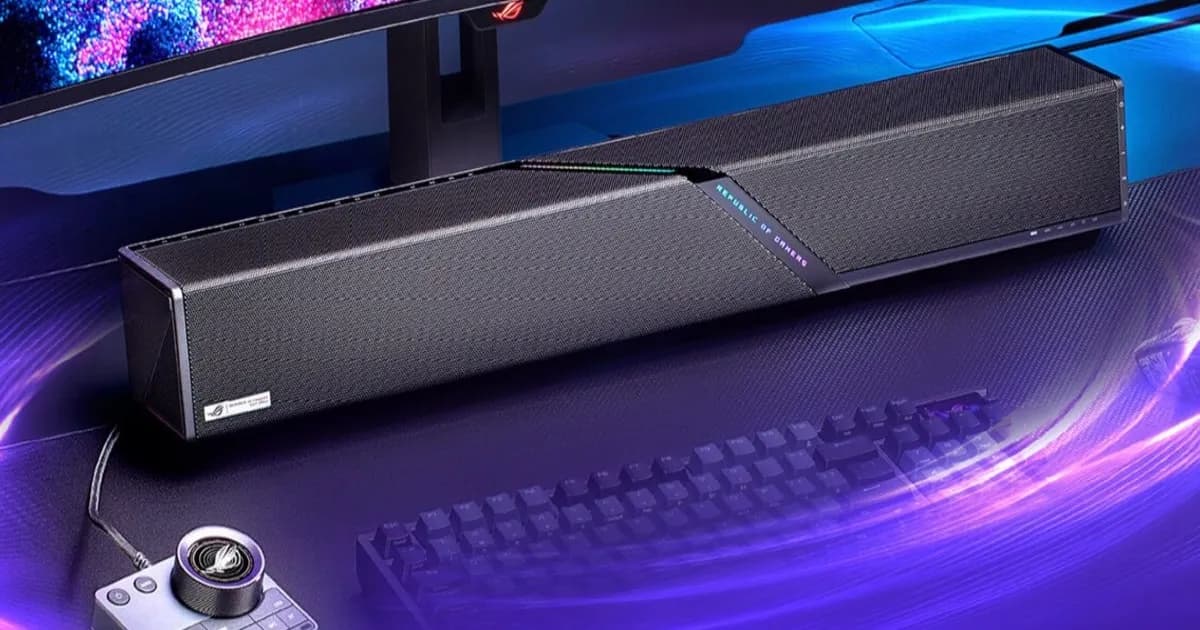 ASUS ROG Gjallar soundbar gaming dengan grille mesh metalik