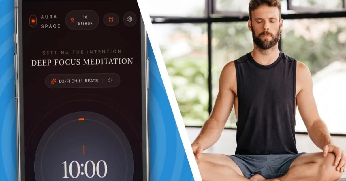 Meditation app dan pria bermeditasi dalam tampilan split screen