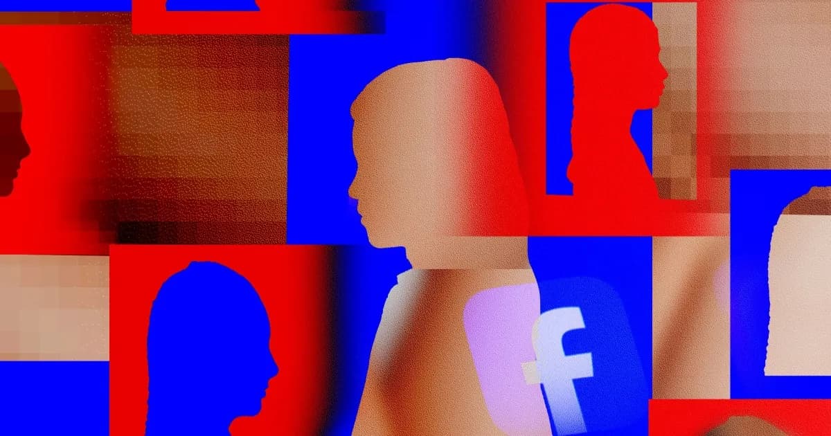 Ilustrasi logo Meta dengan latar belakang peringatan konten eksploitasi seksual anak