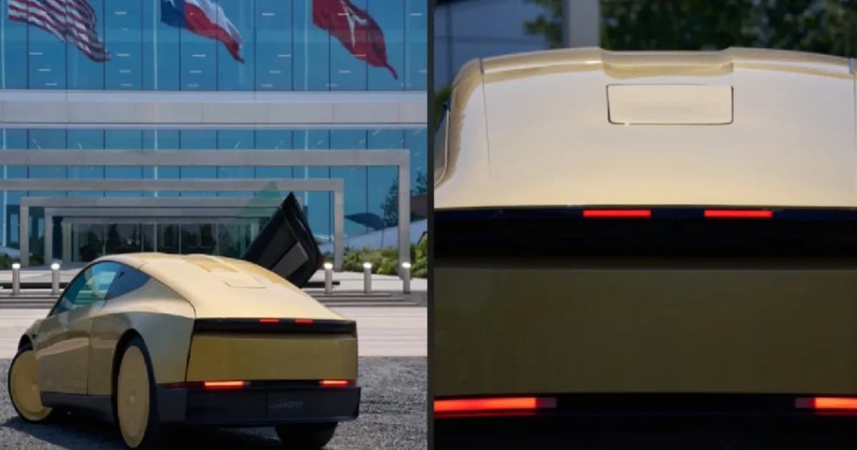 Tesla Cybercab emas dengan antena Starlink terpasang di atap, diparkir di Gigafactory Texas