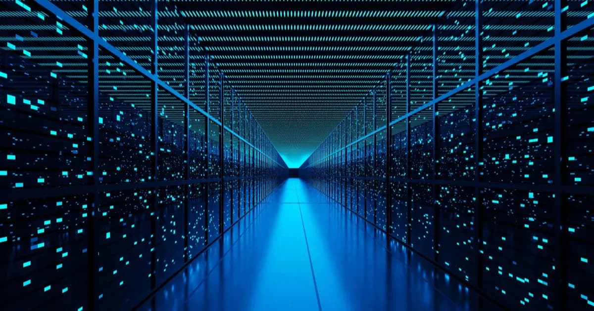 Ilustrasi koridor data center modern dengan lampu LED hijau di langit-langit dan lantai hitam mengkilap