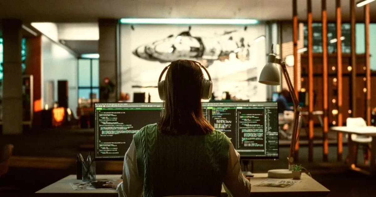 Programmer profesional menggunakan headphone saat bekerja di depan komputer