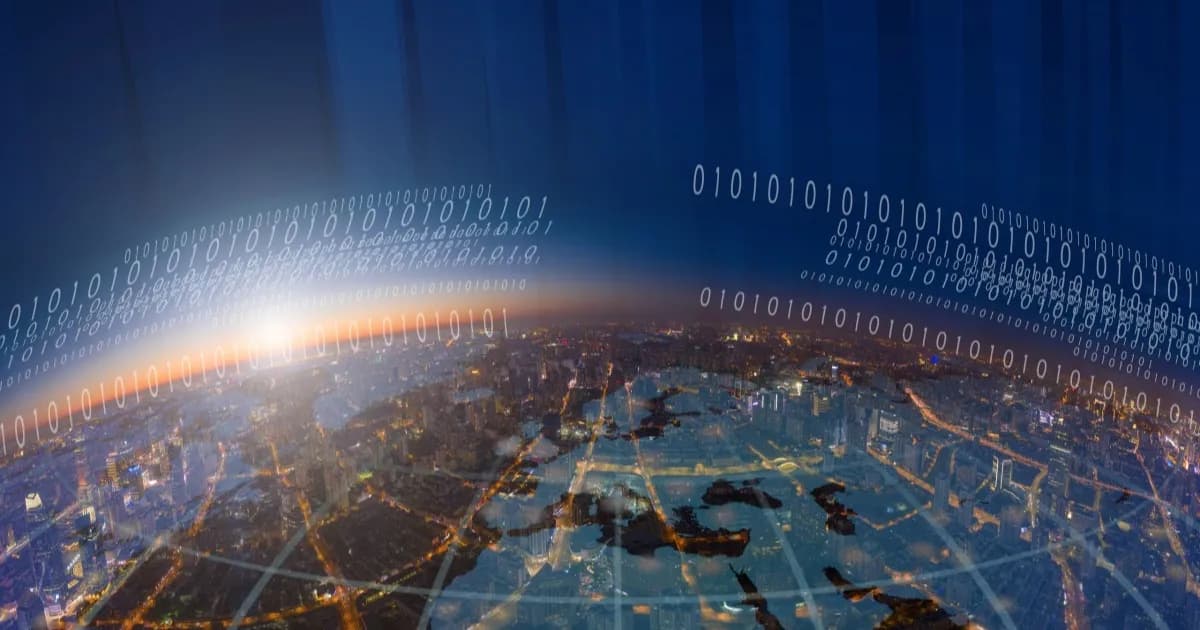 Representasi digital globe dengan garis koneksi dan angka biner menggambarkan kompleksitas layanan mobile modern