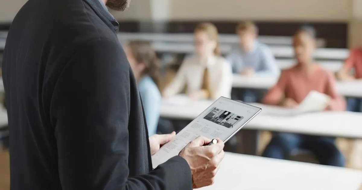 Ilustrasi layar e-paper menampilkan dokumen teks