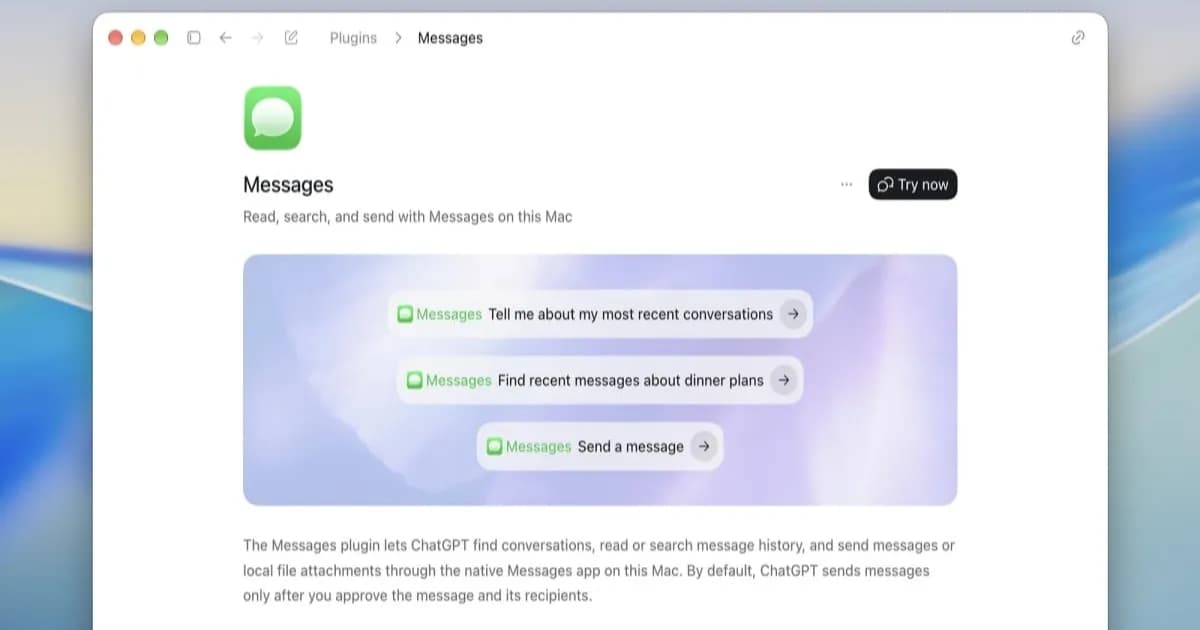 Tampilan plugin Apple Messages di aplikasi desktop ChatGPT untuk macOS