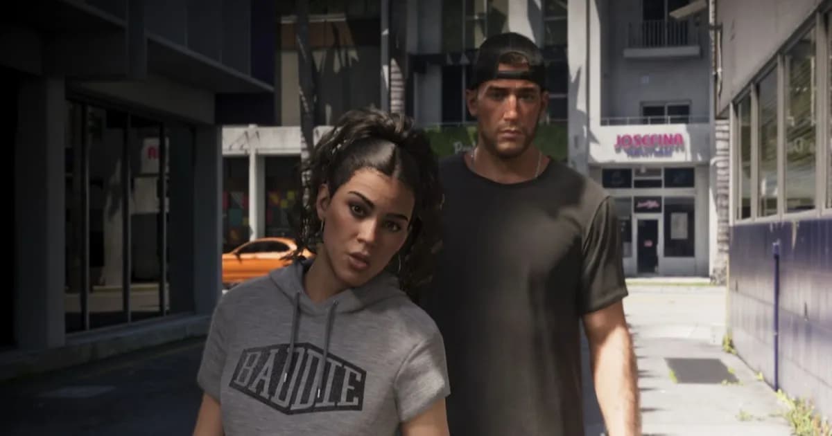 Cuplikan gameplay GTA 6 Extended Look menampilkan Jason dan Lucia di lingkungan kota Vice City