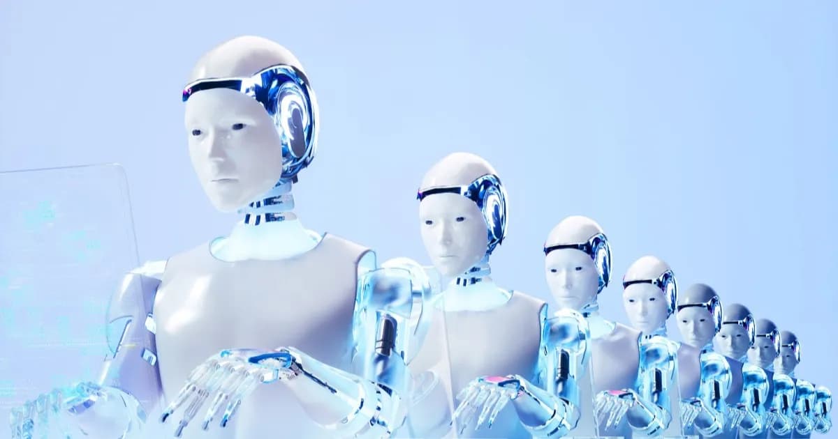 Ilustrasi Non-Human Identity dengan barisan robot yang bekerja di depan komputer