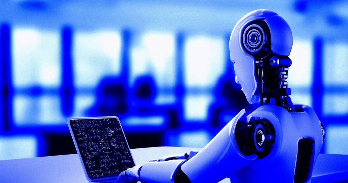 Robot humanoid duduk di meja melihat laptop untuk menggambarkan AI yang mengerjakan tugas kuliah
