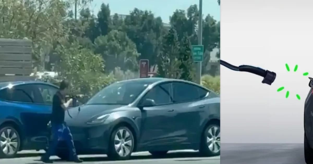 Ilustrasi area Supercharger Tesla yang menjadi lokasi penembakan di Twin Falls, Idaho, dengan kendaraan yang terhubung ke pengisi daya