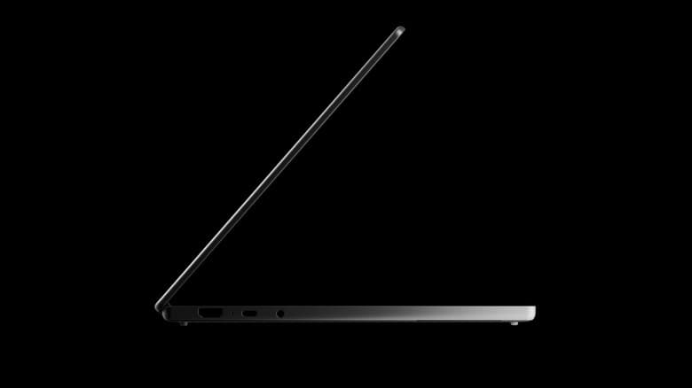 Tampilan samping laptop Googlebook dari Lenovo dengan desain putih dan strip cahaya Glowbar