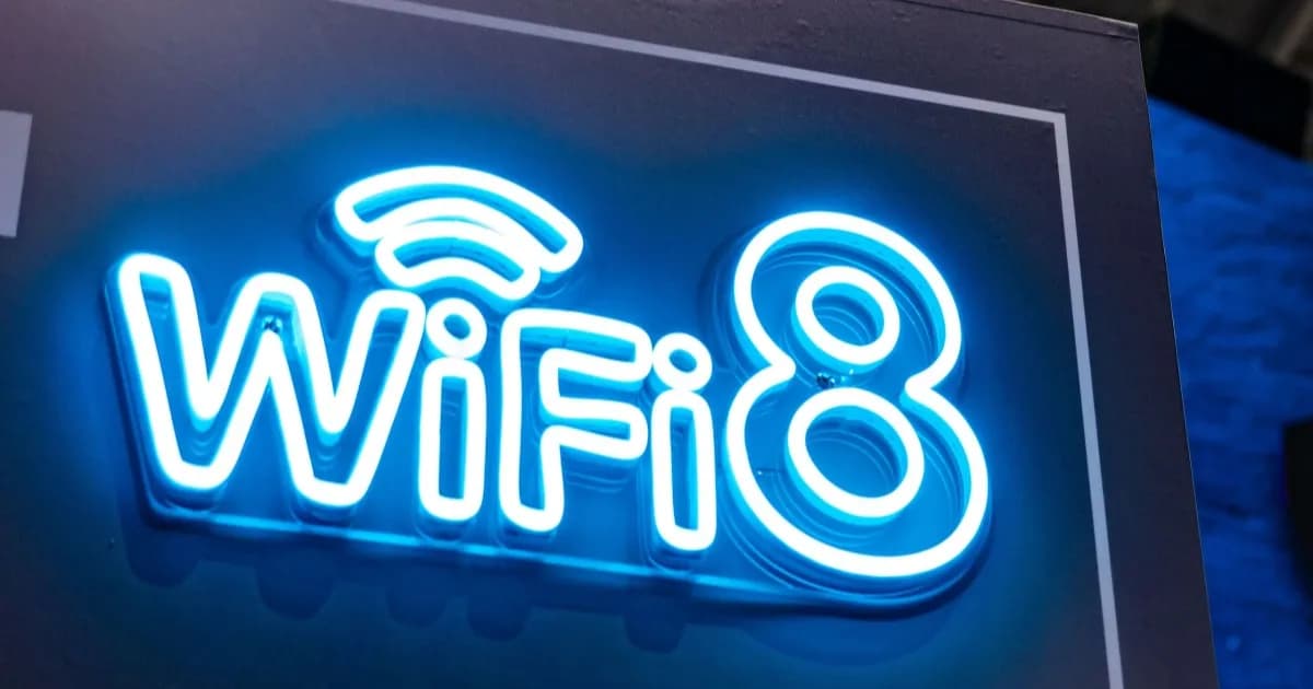 Ilustrasi logo Wi-Fi 8 dengan latar belakang gelap