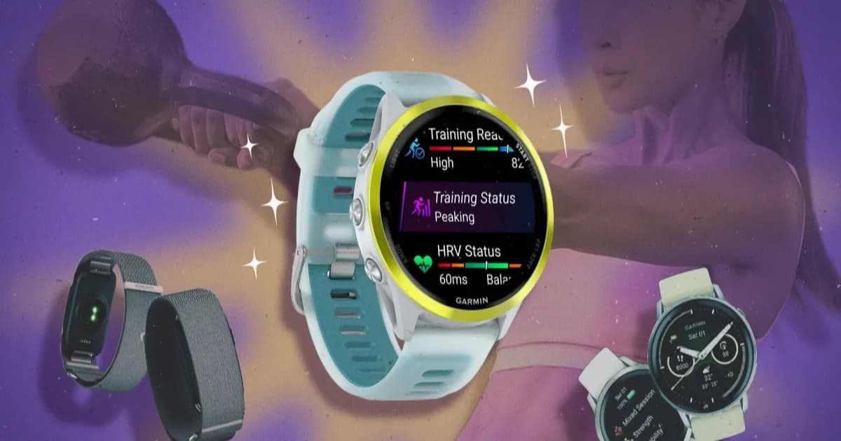 Ilustrasi jam tangan Garmin menampilkan data sleep score dan metrik HRV di layar