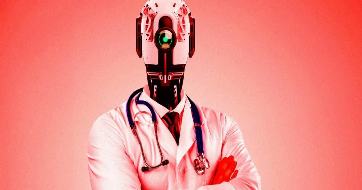 Robot humanoid berpenampilan dokter dengan jas lab putih dan stetoskop biru