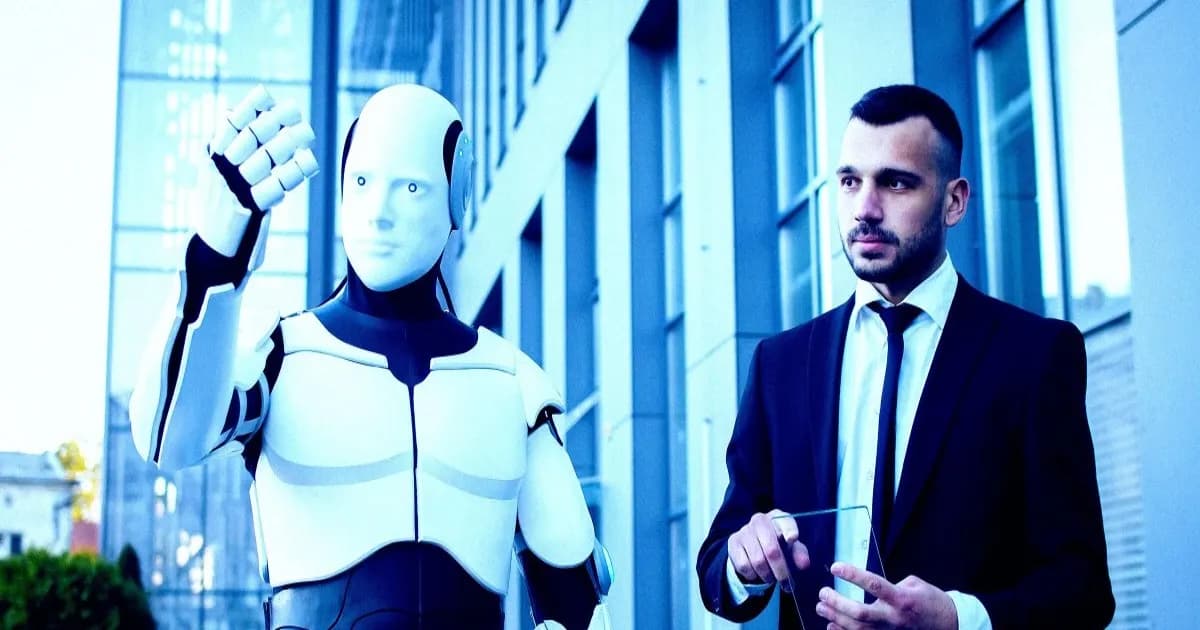 Ilustrasi pria berjas berjalan berdampingan dengan robot humanoid mewakili konsep AI pengganti CEO