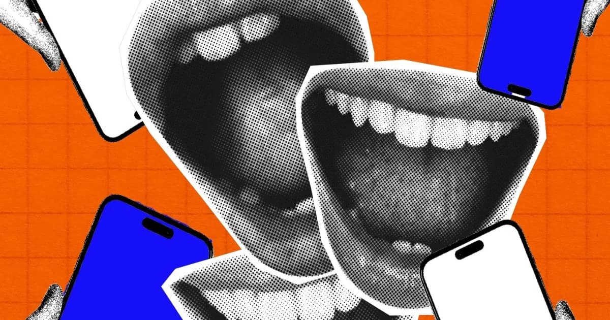 Ilustrasi pengguna memberikan umpan balik suara melalui aplikasi Voicebox di ponsel dengan fitur transkripsi otomatis