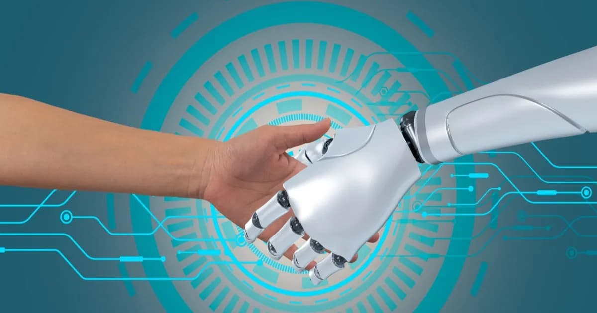 Ilustrasi manusia berjabat tangan dengan robot di depan lingkaran konsentris biru