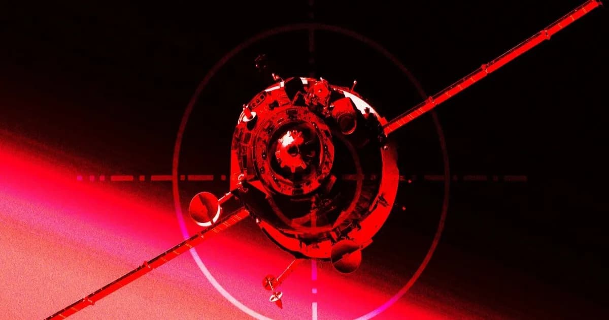 Ilustrasi satelit dengan bidikan crosshair melambangkan senjata orbital Space Force AS.