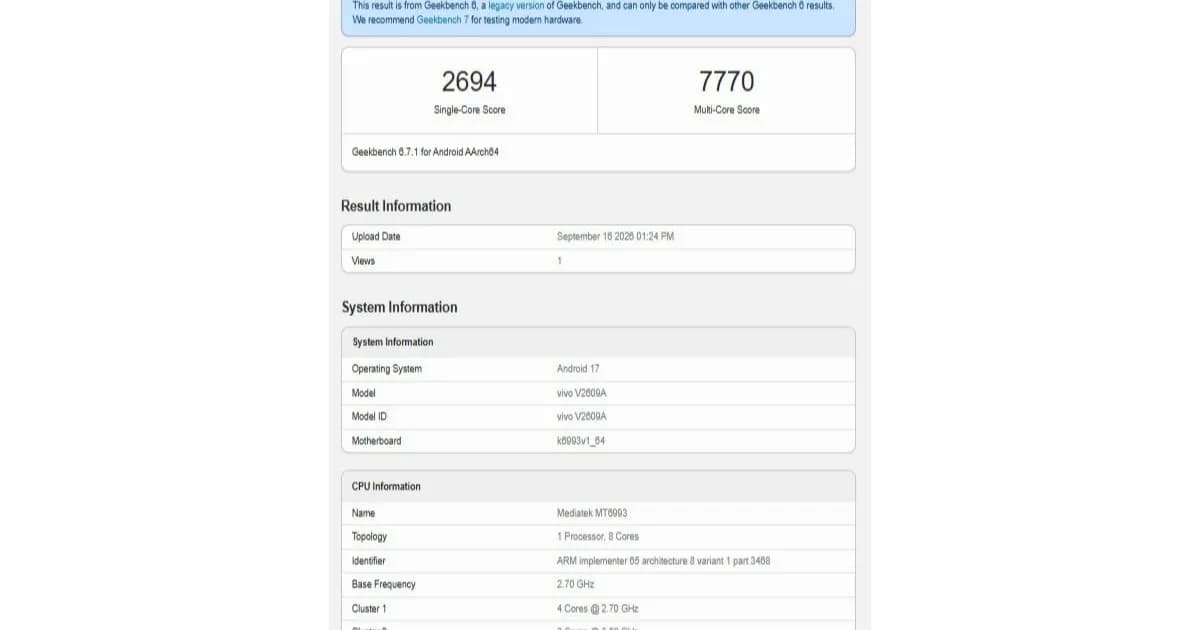 vivo X500 tampil di Geekbench dengan chipset MediaTek dan Android 17