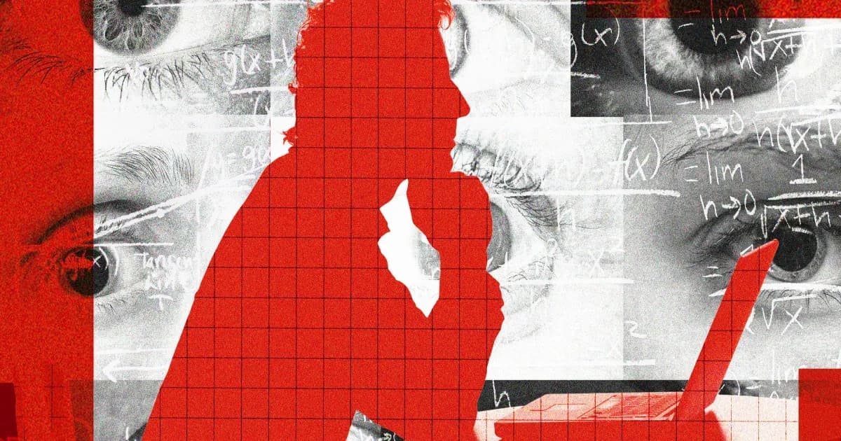 Ilustrasi matematikawan berdiskusi dengan antarmuka AI tentang atribusi karya ilmiah.