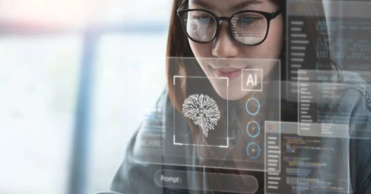 Seorang profesional bisnis mengamati tampilan AI pada layar transparan sebagai ilustrasi strategi AI perusahaan