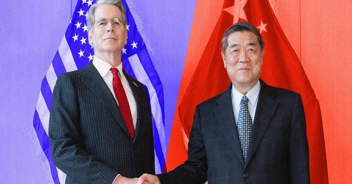 Ilustrasi bendera Amerika Serikat dan China dengan simbol kecerdasan buatan di tengahnya