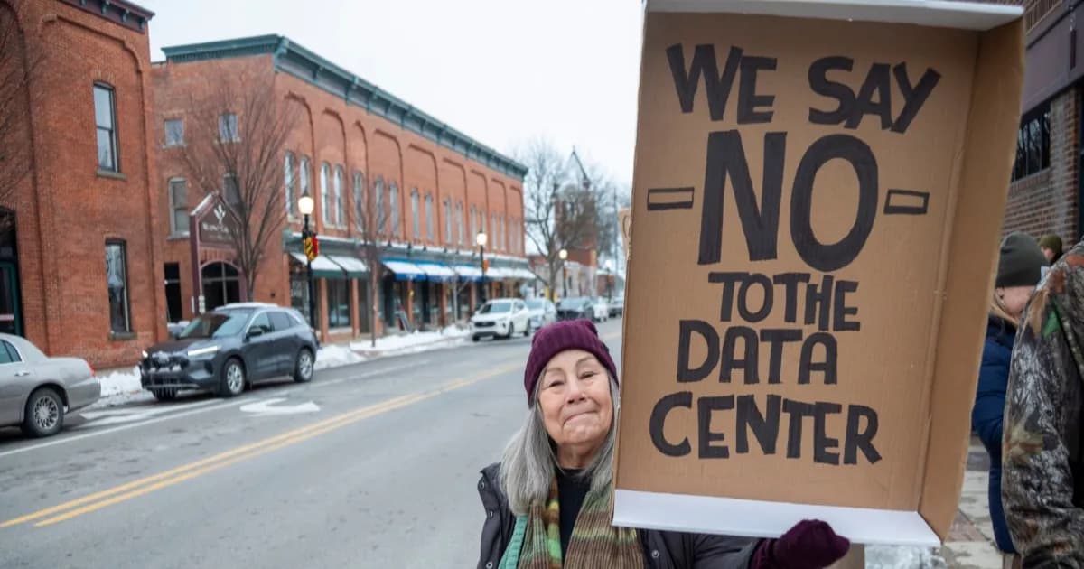 Warga membawa tanda penolakan terhadap perluasan data center AI dalam aksi protes di New Port Richey, Florida.