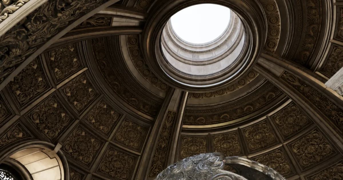 Tampilan path-traced pada kubah terukir dari scene sampel Zorah milik Nvidia dengan RTX Mega Geometry