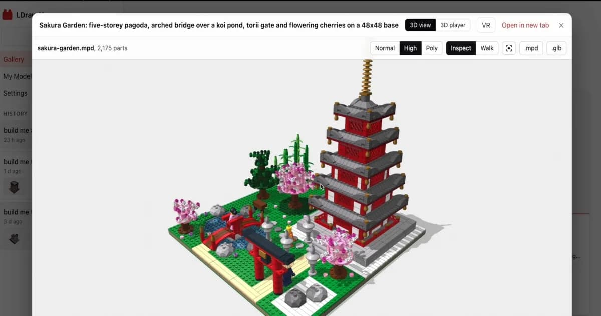 Sakura Garden, model LEGO hasil desain AI dengan pagoda lima lantai, gerbang torii, kolam koi, dan pohon sakura, terbuka di penampil 3D aplikasi web ldraw-nova