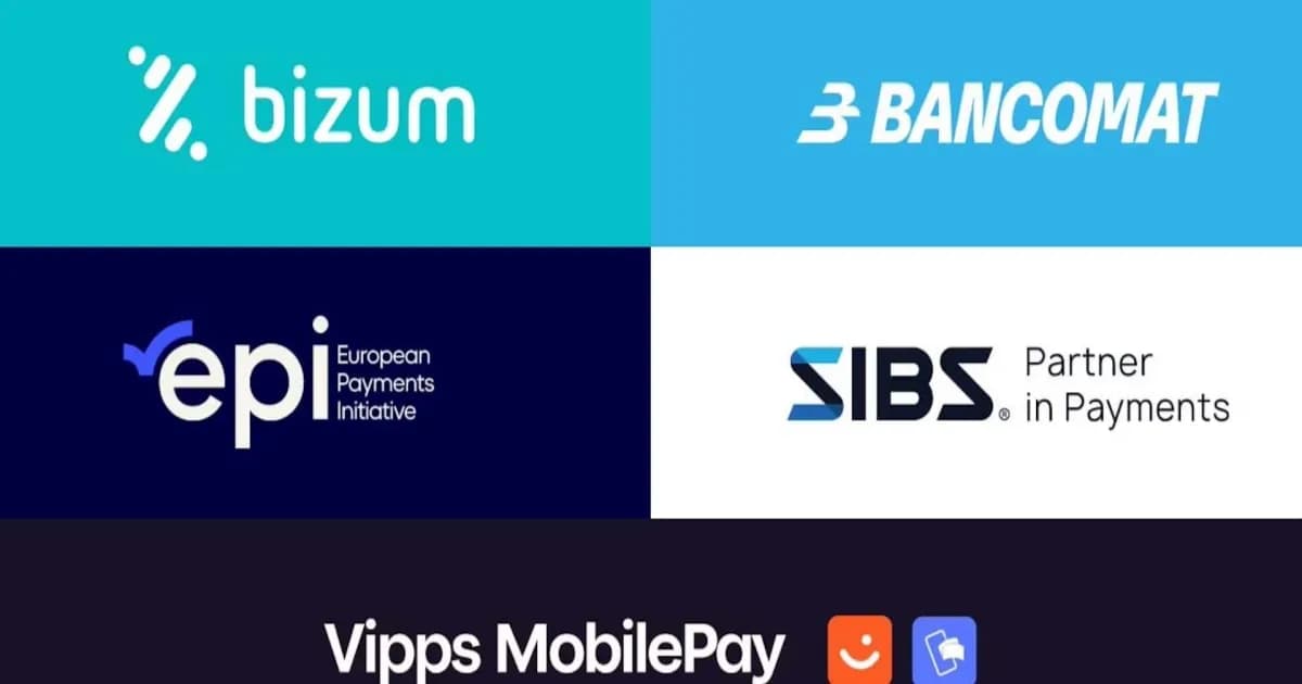 Ilustrasi European Network for Payments yang menghubungkan lima penyedia layanan pembayaran Eropa