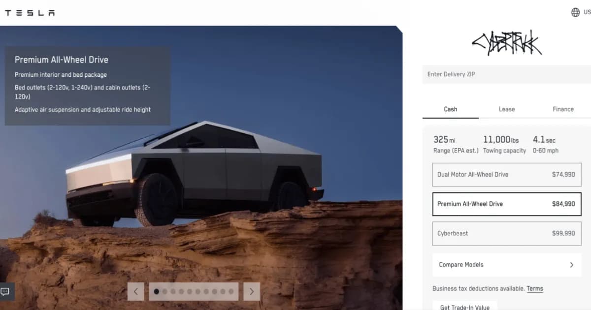 Tesla Cybertruck terparkir dengan latar pabrik, ilustrasi penjualan Cybertruck Q3 2026 yang turun 48 persen