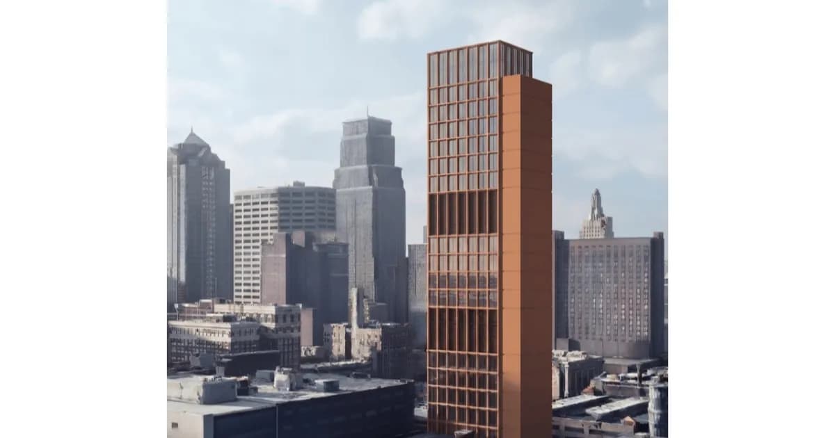Ilustrasi menara data center vertikal 20 lantai rancangan Skidmore, Owings & Merrill (SOM) untuk Revitalization Unlimited di Kansas City