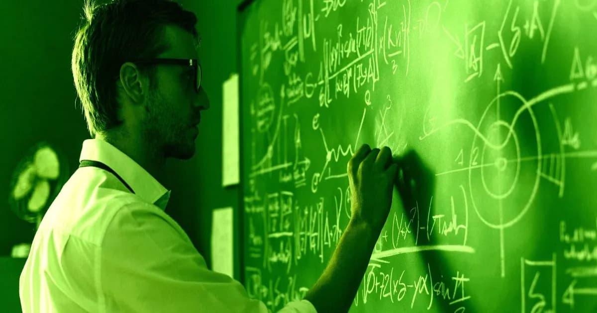 Ilustrasi matematikawan menulis di papan tulis dengan efek warna, menggambarkan kontroversi rilis makalah matematika OpenAI.