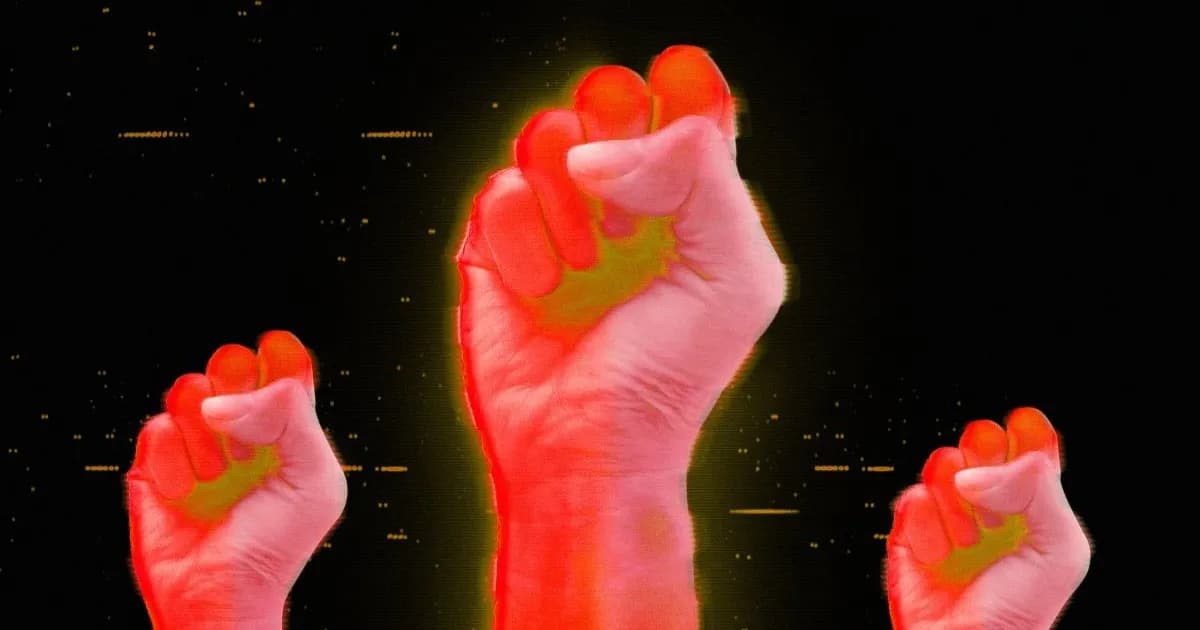 Ilustrasi kepalan tangan holografik terangkat sebagai simbol pemberontakan publik terhadap industri AI