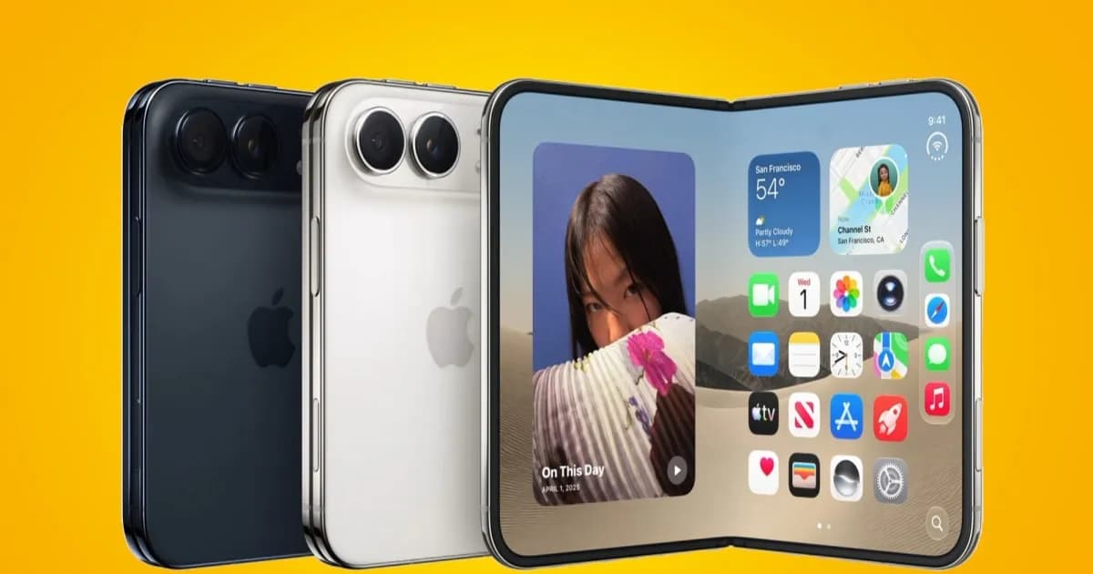 Ilustrasi iPhone Duo foldable Apple dengan layar lipat dan engsel, dikelilingi ikon pre-order dan peringatan bot.