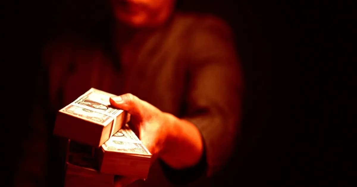 Seorang pria mengenakan jas menyerahkan tumpukan uang dolar di depan warga.