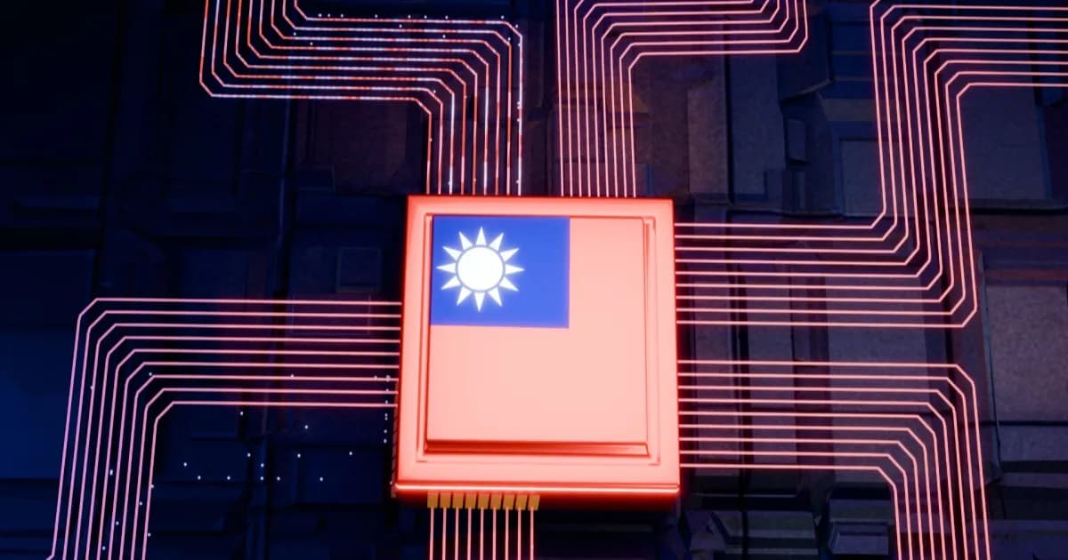 Ilustrasi chip semikonduktor dengan bendera Taiwan melambangkan rencana pembangunan taman industri Taiwan di Texas