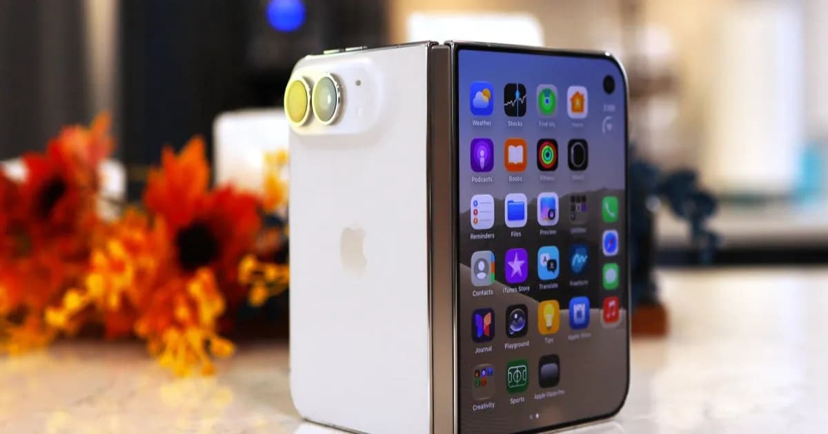 Tampilan iPhone Duo dengan layar lipat yang memperlihatkan area engsel