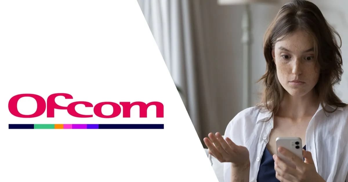Logo Ofcom di samping seorang wanita yang kebingungan melihat ponselnya