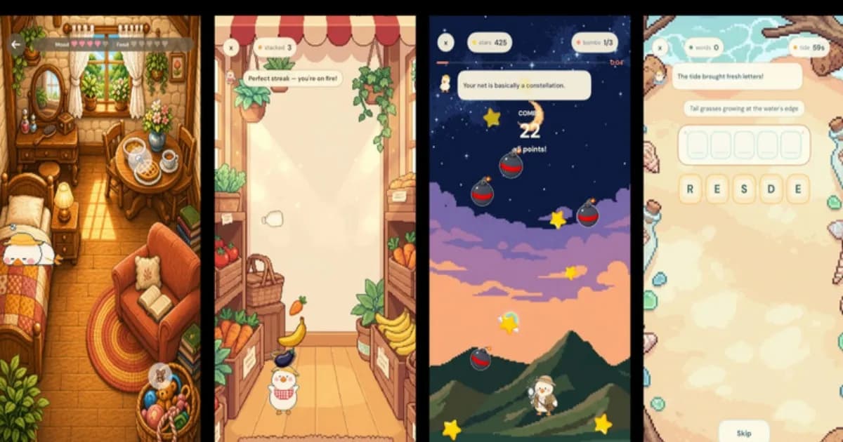 Tampilan antarmuka game Waddle World buatan Meta dengan hewan peliharaan virtual berbasis AI