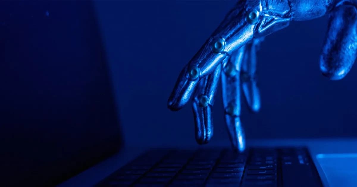 Ilustrasi jari robot di atas keyboard melambangkan serangan siber berbasis AI terhadap sistem internal laboratorium AI Anthropic.