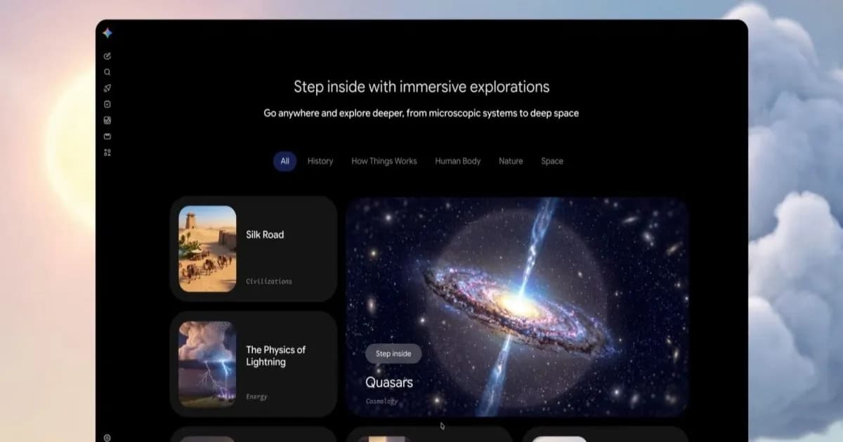 Tampilan fitur Immersive Explorations di Gemini dengan penjelasan visual interaktif berlapis