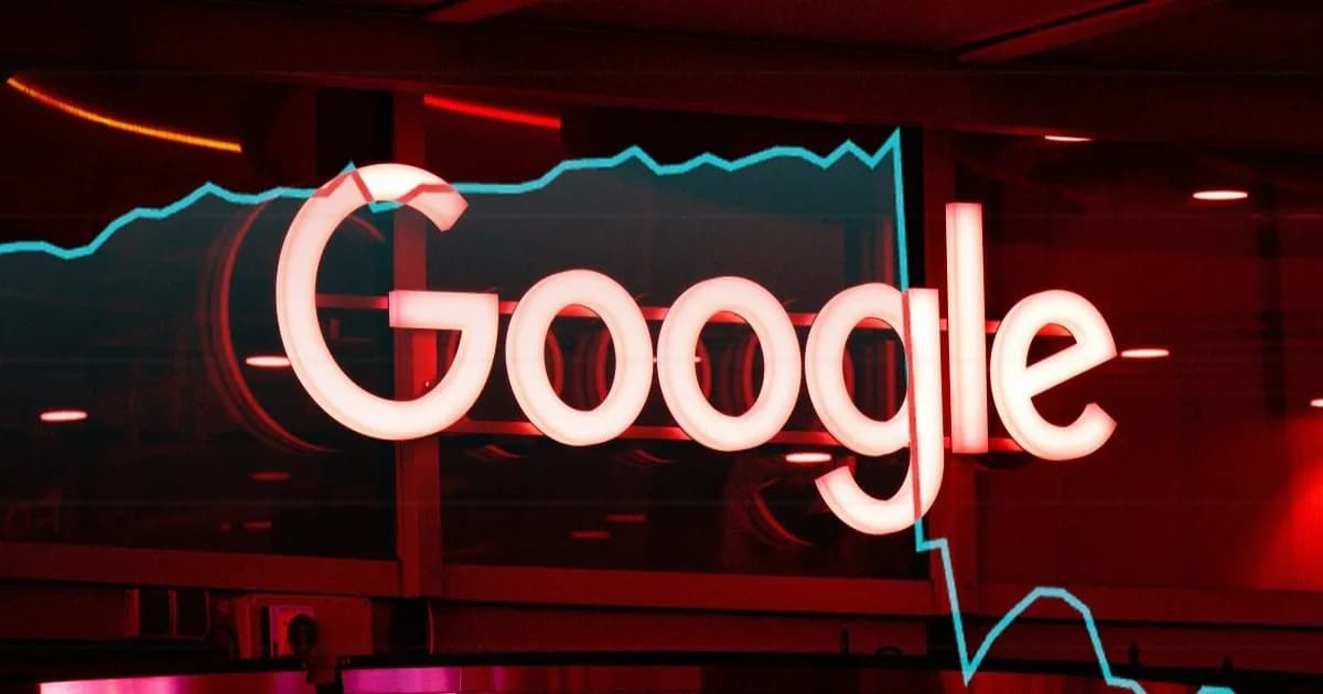Ilustrasi papan nama di kantor pusat Google dengan latar suasana kantor.