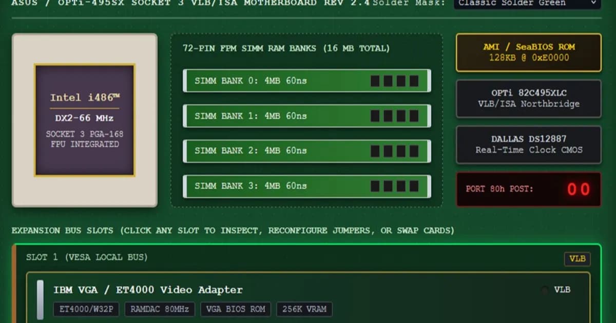 Tampilan emulator Retro486 Modular Browser PC dengan layar CRT dan tab konfigurasi