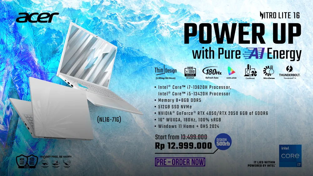 Acer Nitro Lite laptop gaming tipis berwarna putih dengan layar 16 inci