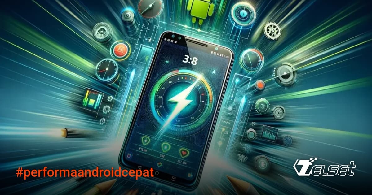 Ilustrasi ponsel Android dengan ikon pengaturan dan panah yang menunjukkan peningkatan kecepatan