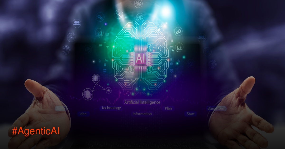 Ilustrasi Agentic AI dengan otak digital bercahaya di atas laptop